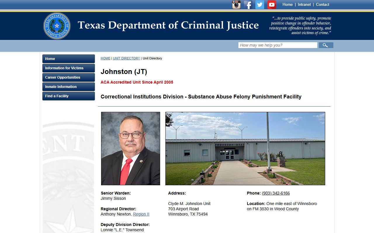 Clyde M. Johnston Unit TDCJ inmate facility information page