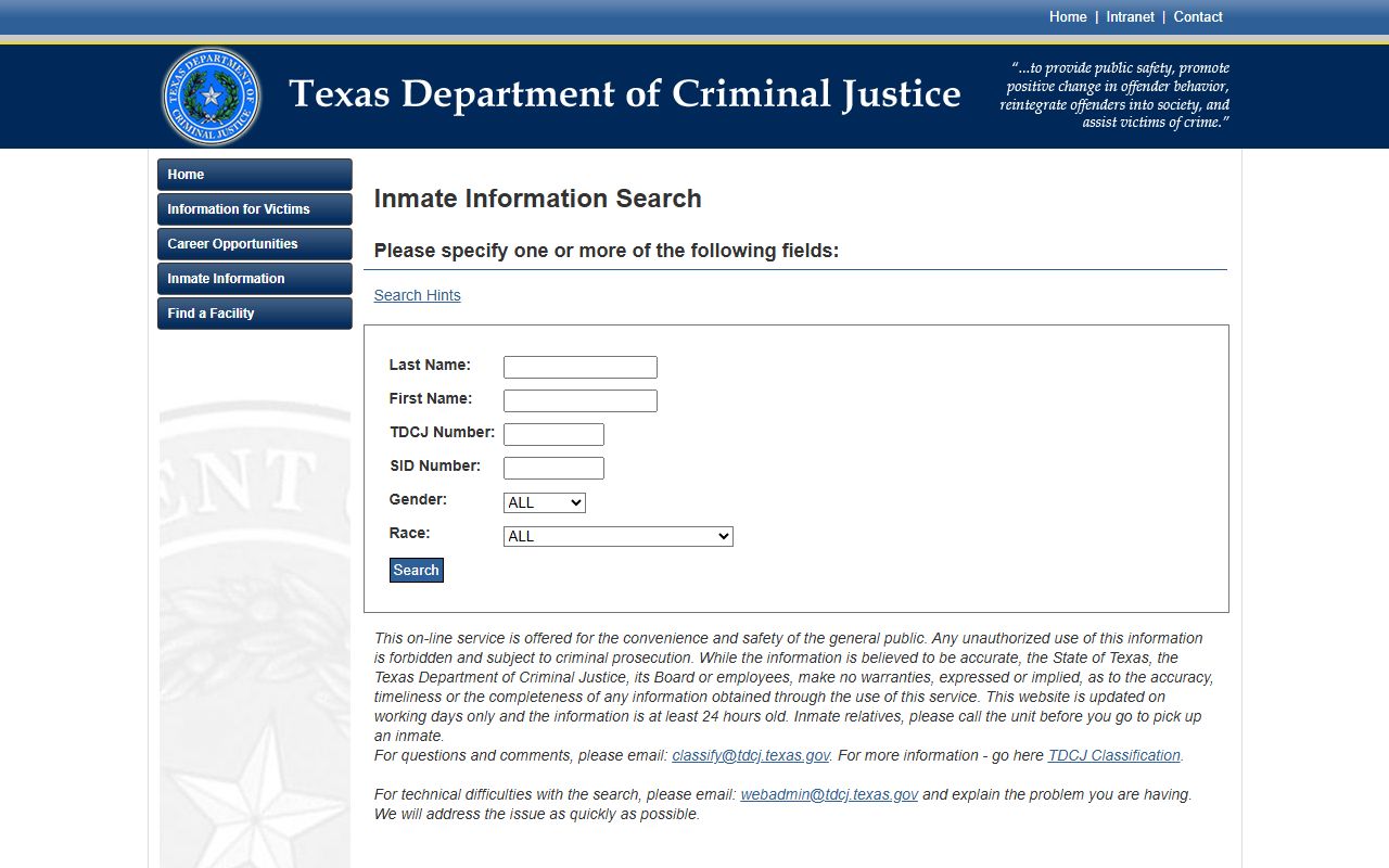 TDCJ inmate search form for Wood County state inmate lookup