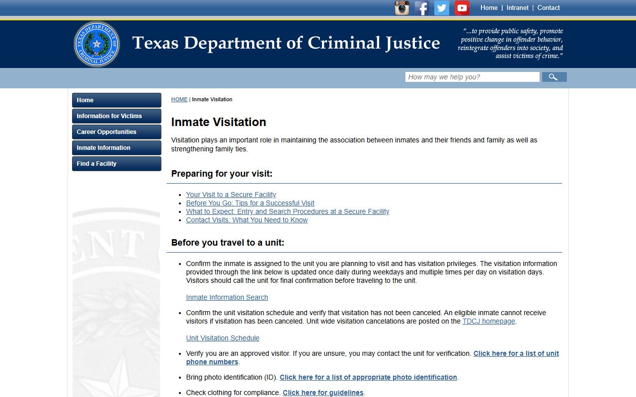 TDCJ visitation rules for Clyde M. Johnston Unit inmates