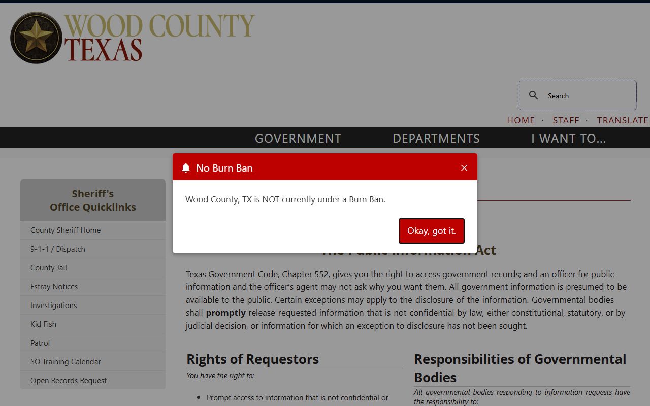 Wood County sheriff open records page for released inmate records