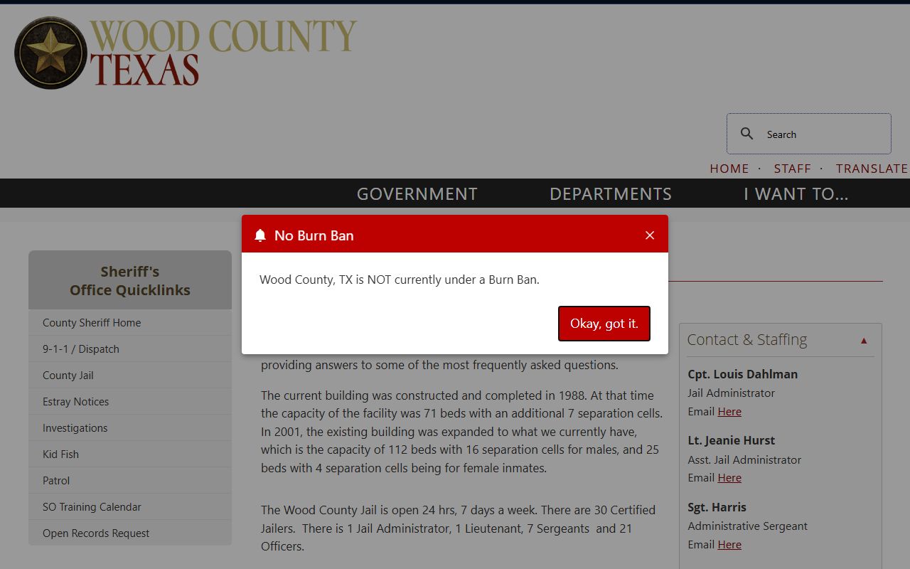 Wood County jail page for inmate population and jail search access